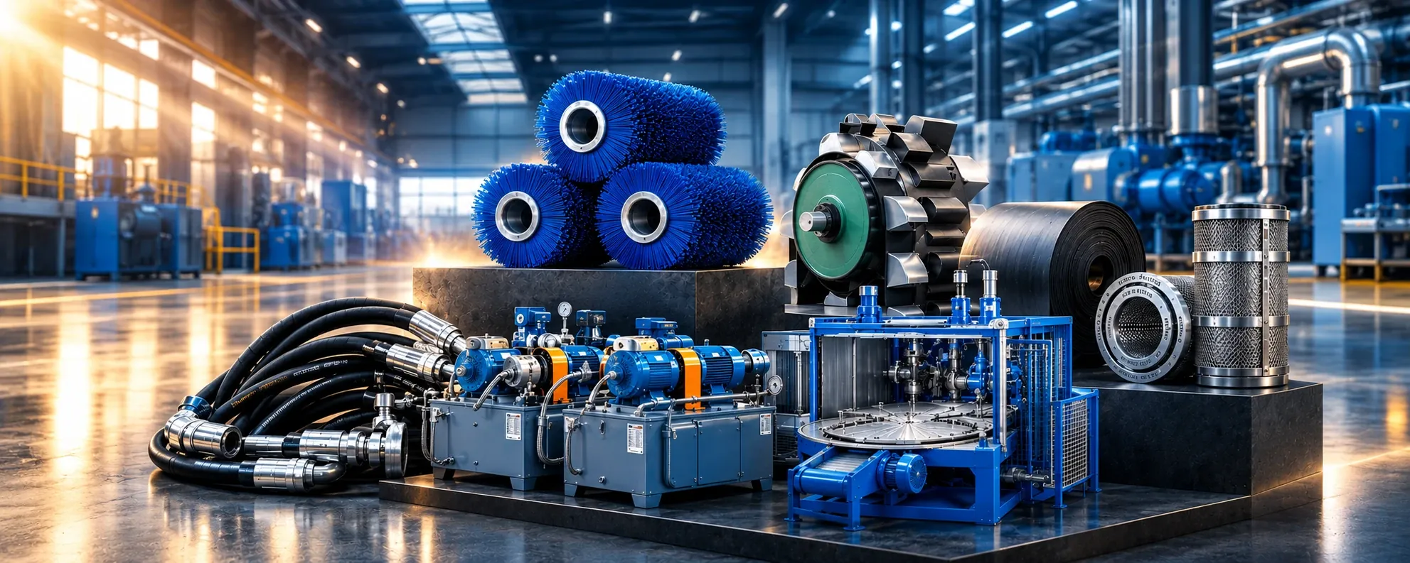 Industrial brush segments, hydraulic hoses, hydraulic power units, bearings and filtration elements supplied by Mechaura International